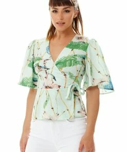 Liquorish Bird Print Wrap Top in Mint Green