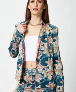 Liquorish Floral Jacket with Neon Piping - Multicolour