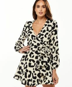 Liquorish Animal Print Mini Wrap Dress with Long sleeves in White - Black/White
