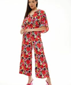 Liquorish Red Floral Jumpsuit with Short Sleeves