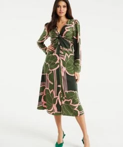 Liquorish Geometric Floral Knot Front Midi Dress in Dark Green