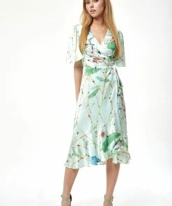 Liquorish Bird Print Midi Wrap Dress in Mint Green
