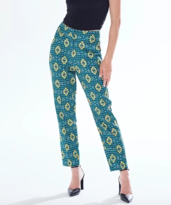 Liquorish African print suit trousers in green, yellow & navy - Multicolour