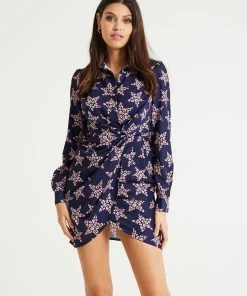 Liquorish Leopard Star Print Mini Dress with Collar and Twisted Front Detail in Navy - Blue/Navy