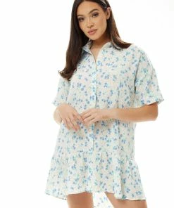 Liquorish Blue Floral Mini Shirt Dress in White