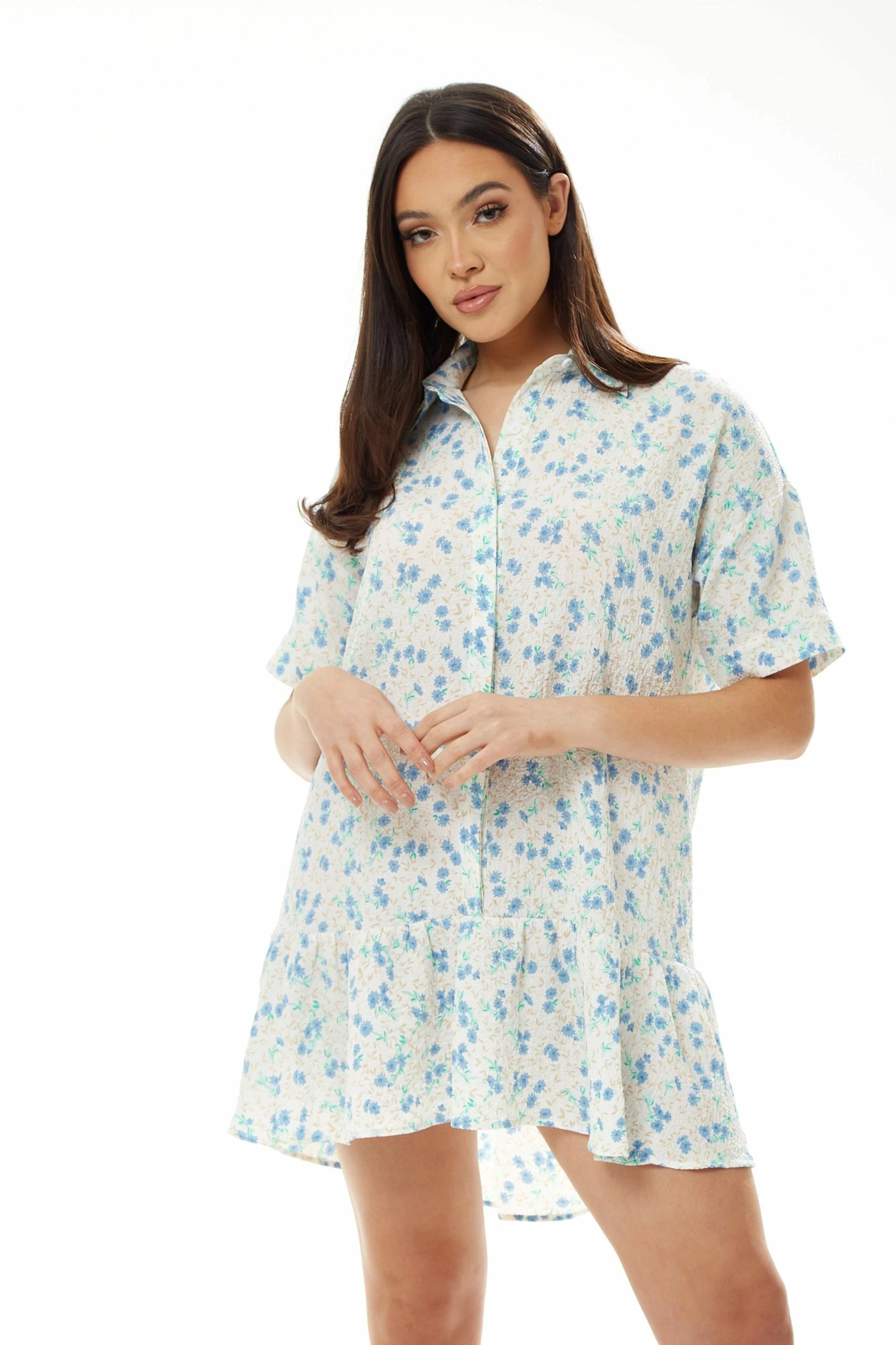 Liquorish Blue Floral Mini Shirt Dress in White 3 Liquorish Blue Floral Mini Shirt Dress in White