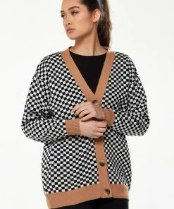 Liquorish Chequered Cardigan in Black, White & Camel - Multicolour
