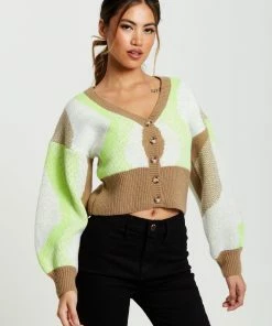 Liquorish Cardigan in Brown, Green and Cream - Multicolour
