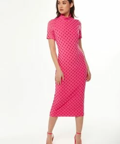 Liquorish Midi Dress with High Neck, Short Sleeves and Open Back Detail in Pink