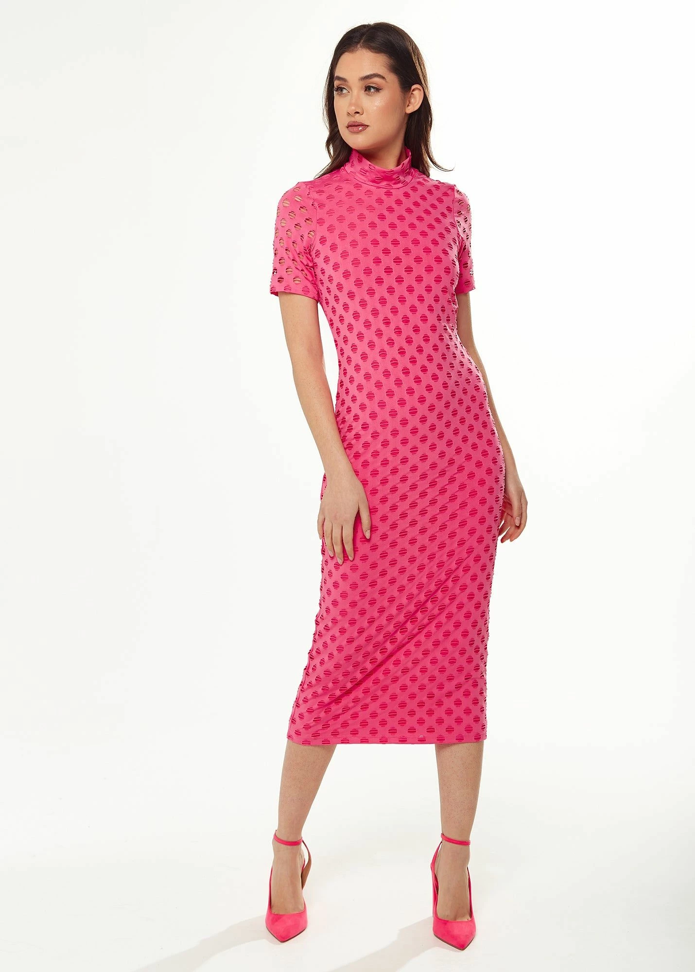 Liquorish Midi Dress with High Neck, Short Sleeves and Open Back Detail in Pink 3 Liquorish Midi Dress with High Neck, Short Sleeves and Open Back Detail in Pink