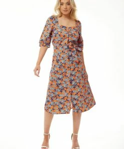 Liquorish Orange Floral Midi Dress with Waist Tie