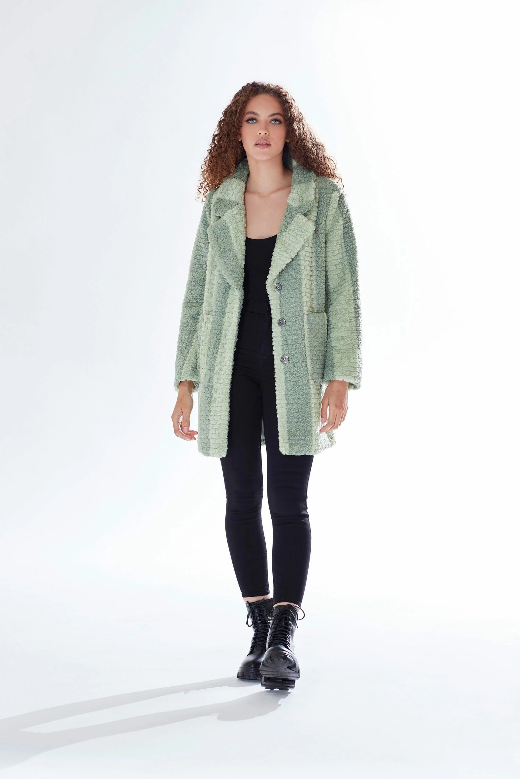 Liquorish textured stripe print teddy coat in green 5 Liquorish textured stripe print teddy coat in green - Image 3