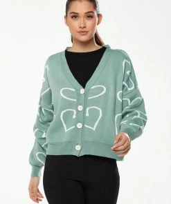 Liquorish All Heart Cardigan in Green & White