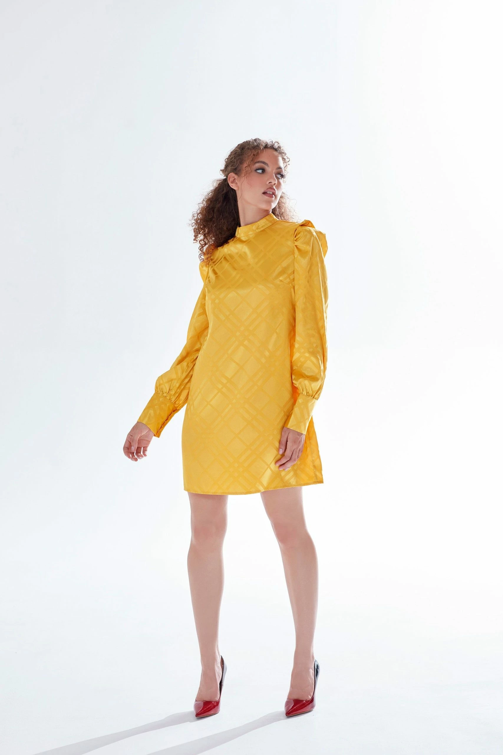 Liquorish check jacquard mini dress with high neck & puff sleeve detail in mustard 4 Liquorish check jacquard mini dress with high neck & puff sleeve detail in mustard - Image 2