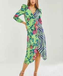 Liquorish Midi Dress in Floral and Animal Contrast Print with Waist Wrap Detail - Green