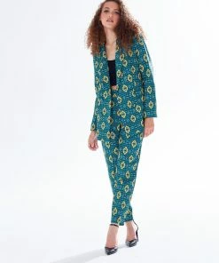 Liquorish African print suit blazer in green, yellow & navy - Multicolour