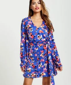 Liquorish Multicolour Abstract Dot Print Mini Wrap Dress - Blue