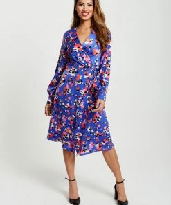 Liquorish Multicolour Abstract Dot Print Midi Wrap Dress in Blue