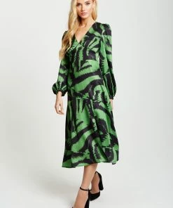 Liquorish Zebra Print Midi Dress in Green and Black