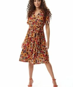 Liquorish Floral Print Midi Wrap Dress in Orange and Red