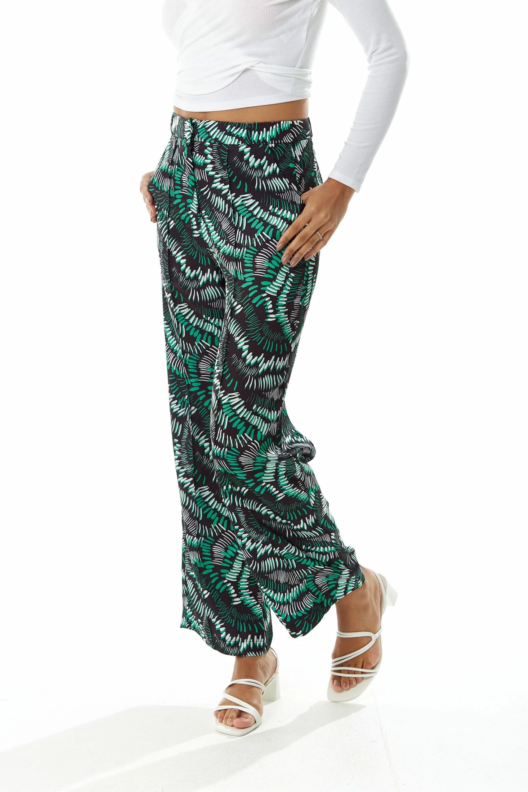 Liquorish Abstract Print Wide Leg Trousers in Green 4 Liquorish Abstract Print Wide Leg Trousers in Green - Image 2