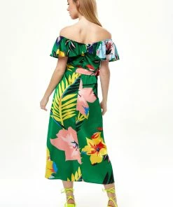 Liquorish Belted Midi Dress with Off Shoulder Sleeves in Green Floral Print -Liquorish Sales Store f404636a08b5460795ef0db0775fb33d scaled