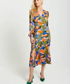 Liquorish Abstract Leaf Print Midi Dress in Olive - Multicolour