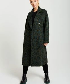 Liquorish Leopard Print Longline Coat in Khaki