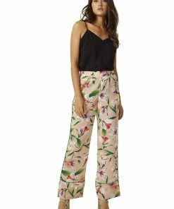Liquorish Trousers in Floral Print with Green Piping - Multicolour