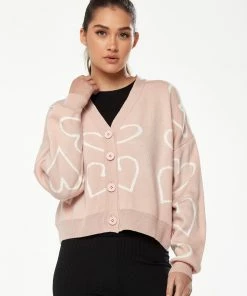 Liquorish All Heart Cardigan in Pink & White