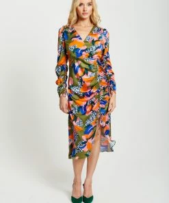 Liquorish Abstract Leaf Print Midi Ruched Dress in Olive - Multicolour