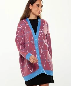 Liquorish Oversized Geometric Pattern Cardigan in Mulberry & Blue - Multicolour