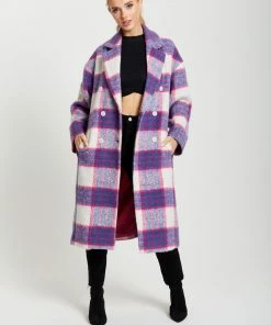 Liquorish Longline Coat in Pink and Navy Checks - Multicolour