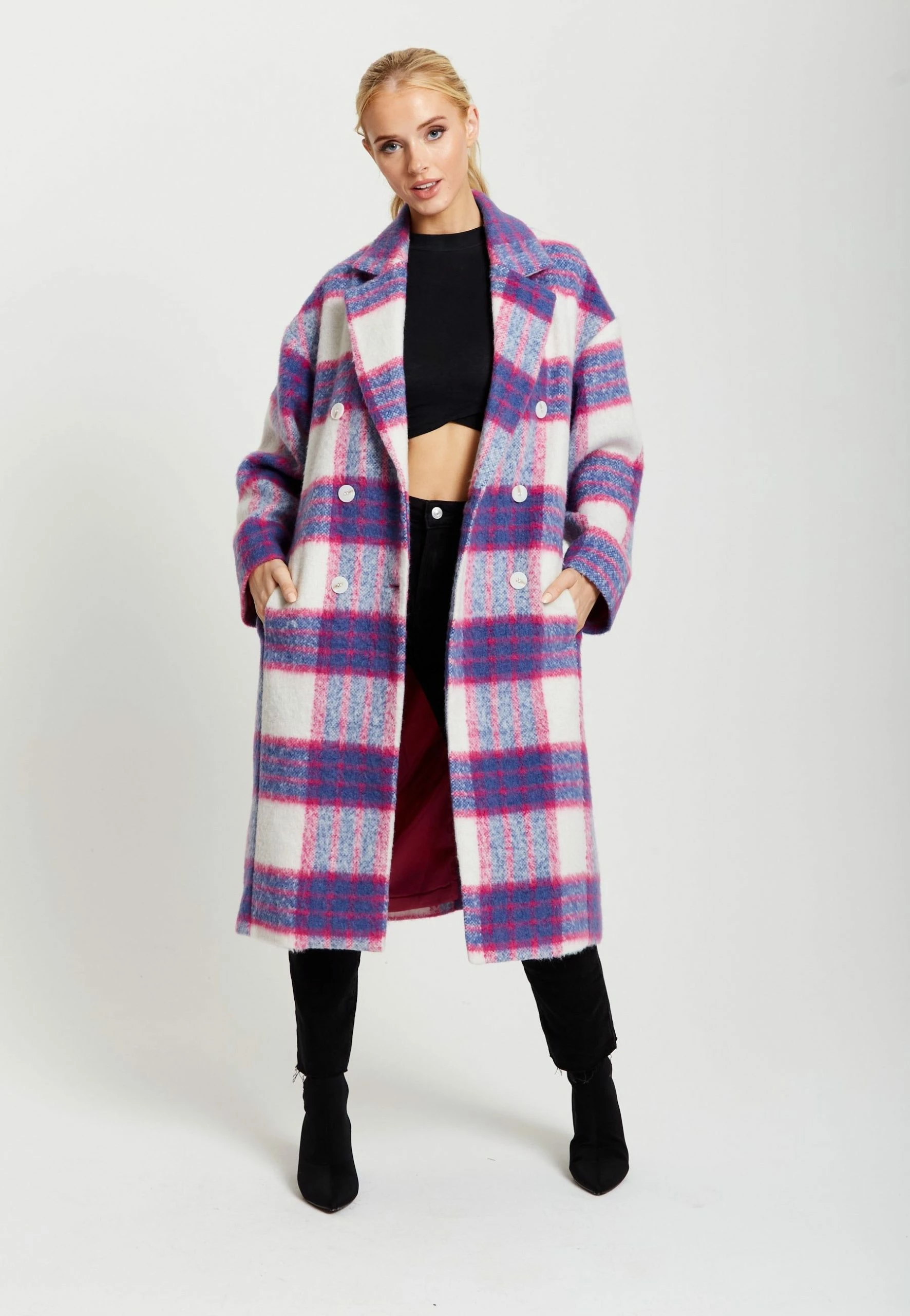 Liquorish Longline Coat in Pink and Navy Checks - Multicolour 3 Liquorish Longline Coat in Pink and Navy Checks - Multicolour