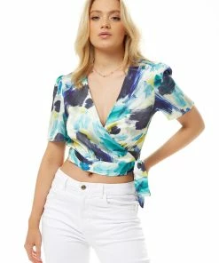 Liquorish Abstract Print Wrap Top With Short Sleeves - Multicolour