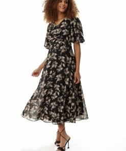 Liquorish Floral Midi Dress with Tie Waist in Navy