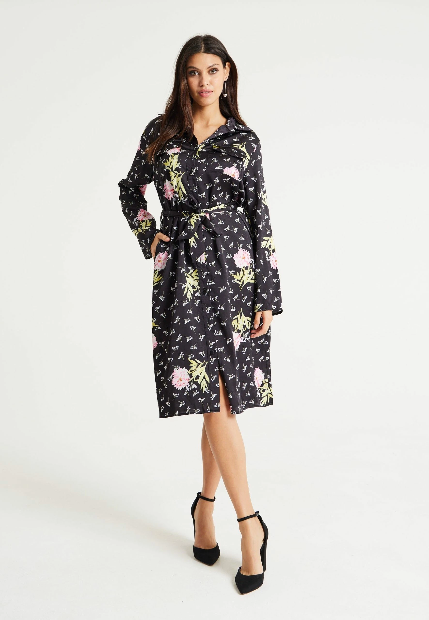 Liquorish Pink Floral Print Shirt Dress in Black 3 Liquorish Pink Floral Print Shirt Dress in Black