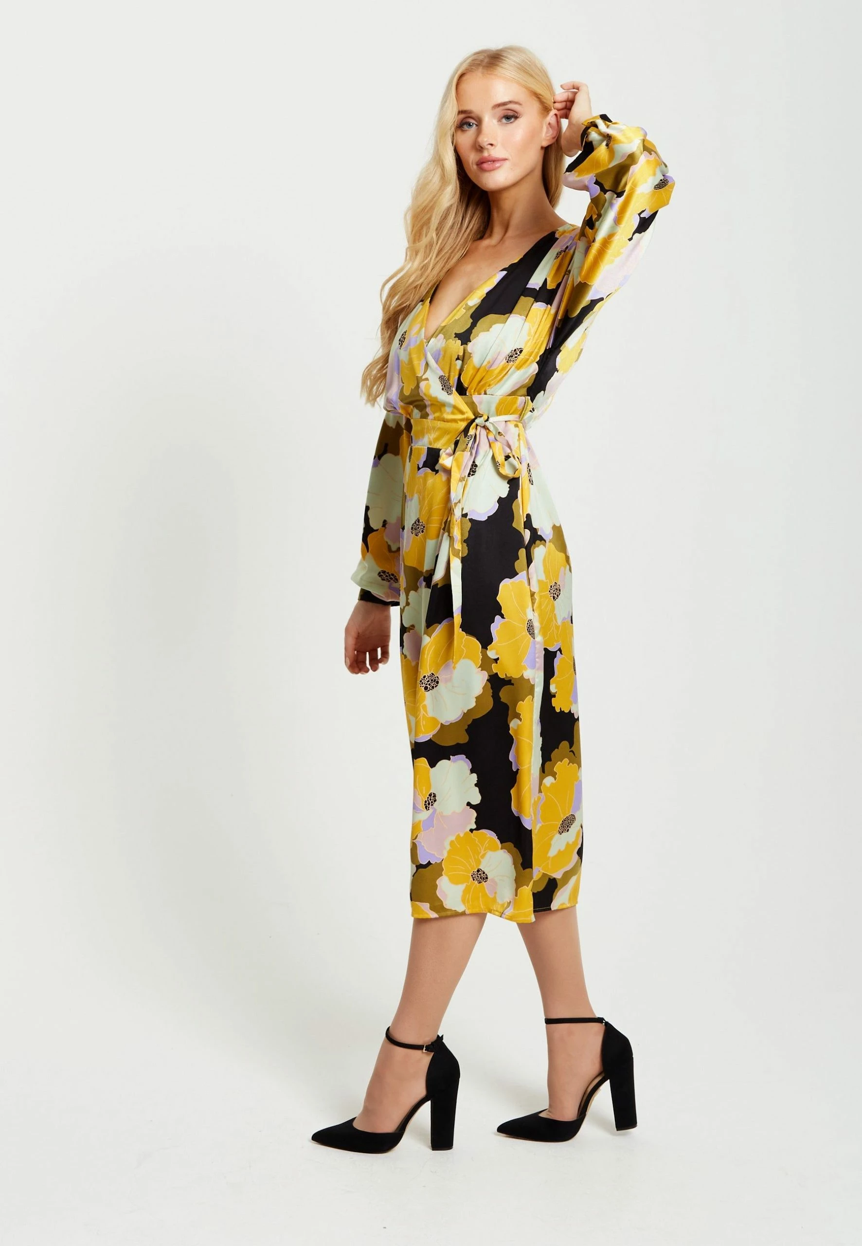 Liquorish Earth Tone Floral Print Midi Wrap Dress - Yellow 4 Liquorish Earth Tone Floral Print Midi Wrap Dress - Yellow - Image 2