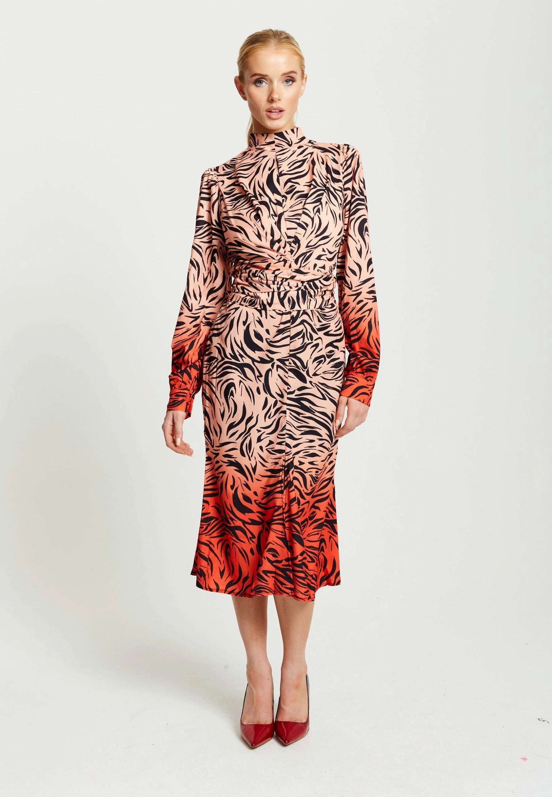 Liquorish Zebra Print Midi Dress with High neck and Draped Waist Detail in Orange and Nude 5 Liquorish Zebra Print Midi Dress with High neck and Draped Waist Detail in Orange and Nude - Image 3