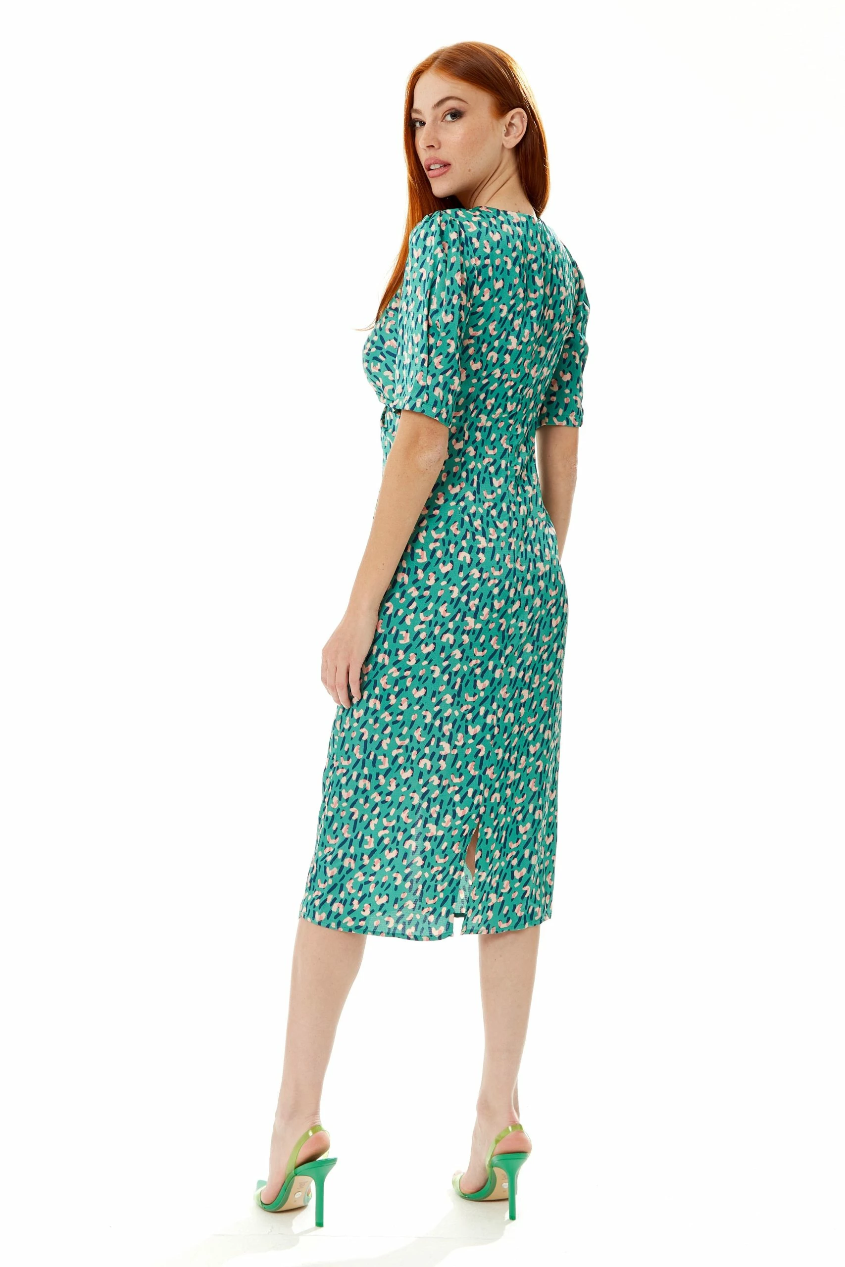 Liquorish Stroke Print Knot Front Dress in Green 7 Liquorish Stroke Print Knot Front Dress in Green - Image 5